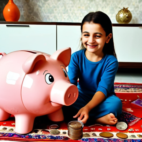 **

A young Turkish child cheerfully putting coins into a *kumpara* (piggy bank) shaped like a cute cartoon character. The *kumpara* is sitting on a colorful Turkish rug. In the background, a parent is smiling encouragingly. The overall scene should be warm and inviting, emphasizing the concept of saving money at a young age.

**