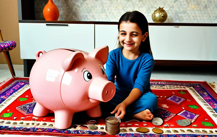 **

A young Turkish child cheerfully putting coins into a *kumpara* (piggy bank) shaped like a cute cartoon character. The *kumpara* is sitting on a colorful Turkish rug. In the background, a parent is smiling encouragingly. The overall scene should be warm and inviting, emphasizing the concept of saving money at a young age.

**